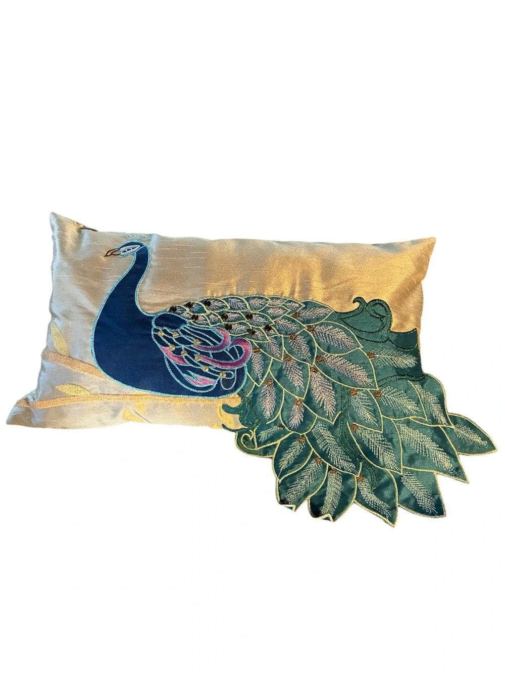 Peacock Decorative Pillow - Teal & Gold Vibrant Peacock Bird Colors Embroidered